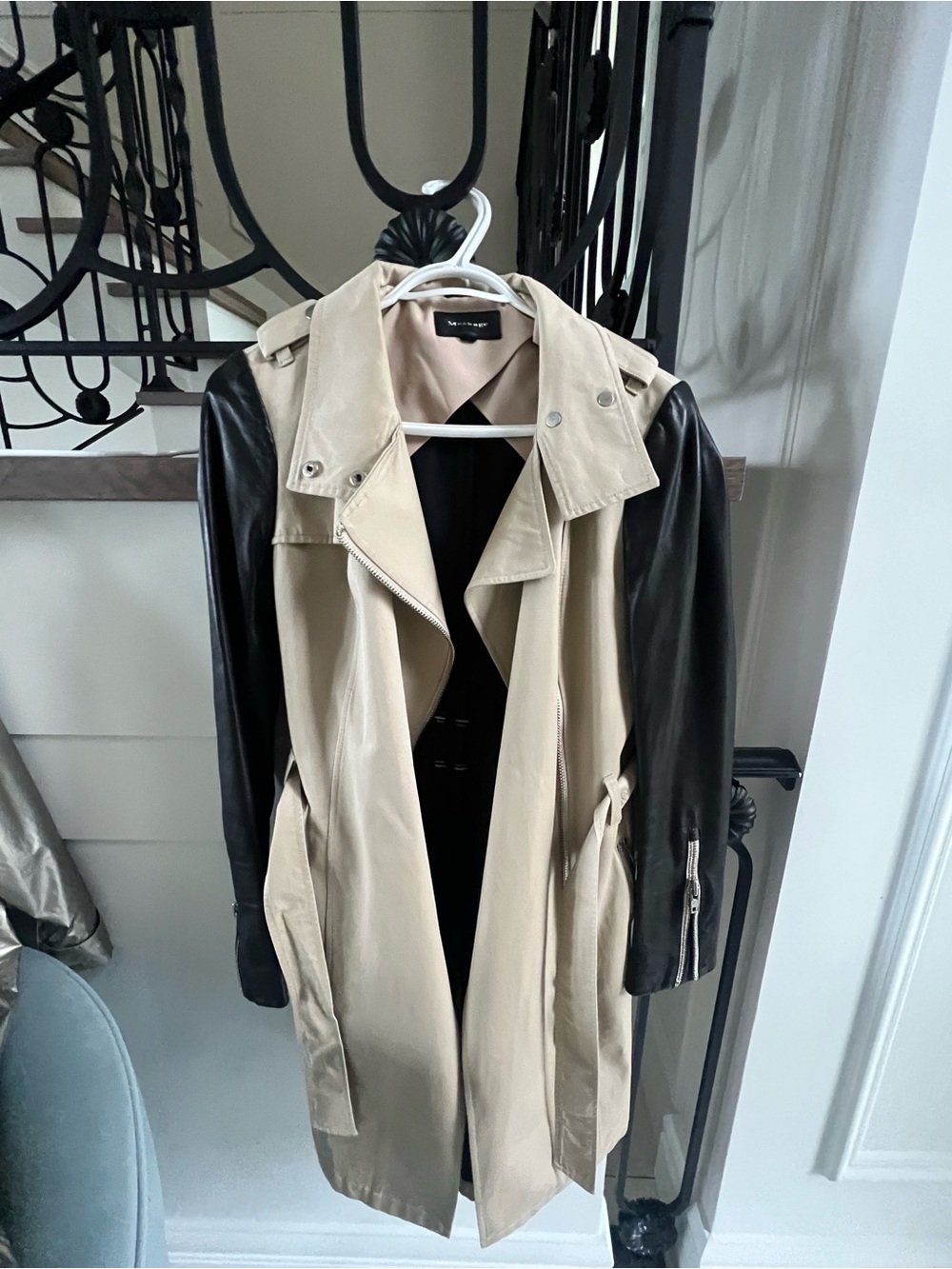 Mackage Two-Tone Beige Trench with Black Leather Sleeves